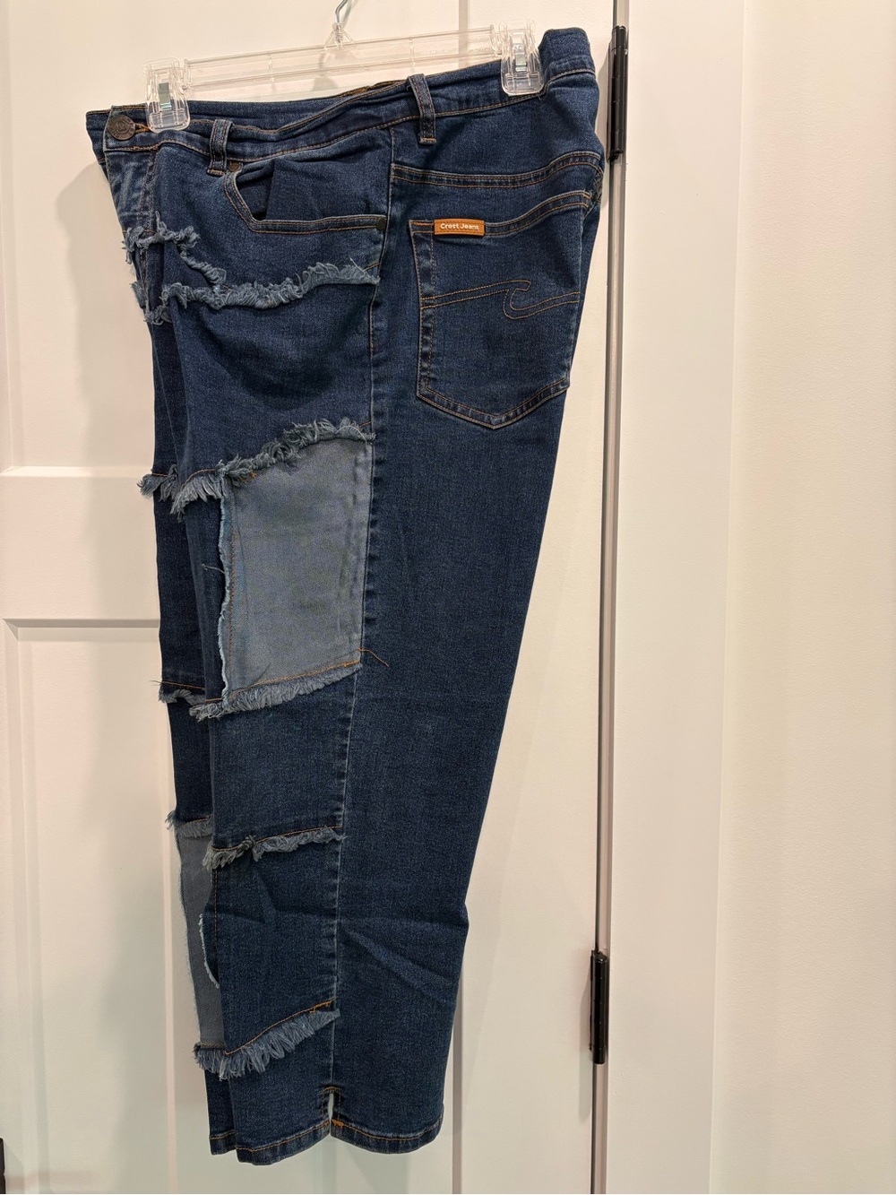Vintage Crest Jeans Y2K Blue Patchwork Distressed Denim Cropped Capris (A3)